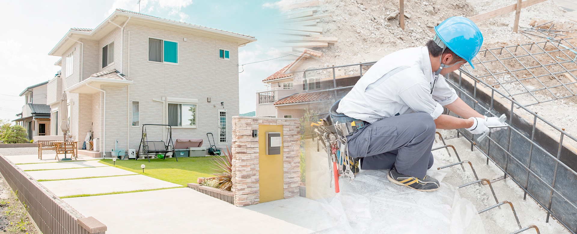 完成した住宅と住宅基礎工事の画像